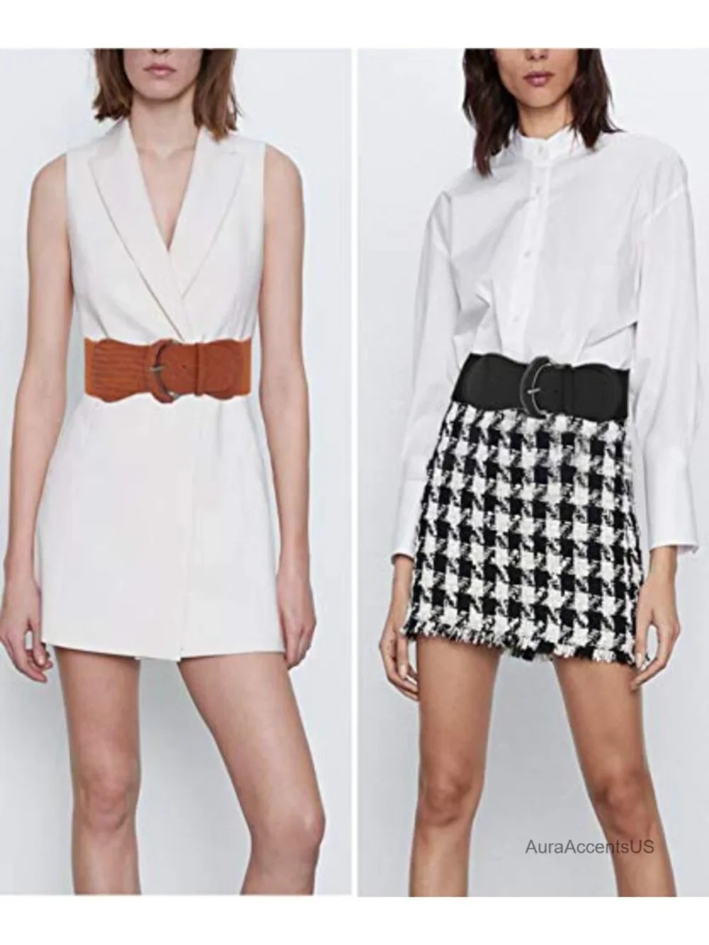3 Piece Women's Wide Elastic Leather Waist Belts with Metal Buckle